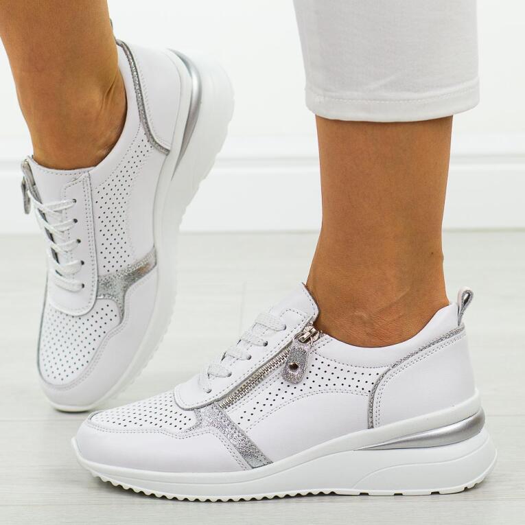 Białe skórzane sneakersy damskie na koturnie Cambell 94311