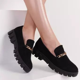 Czarne zamszowe mokasyny damskie na platformie, loafersy Sergio Leone Mk755