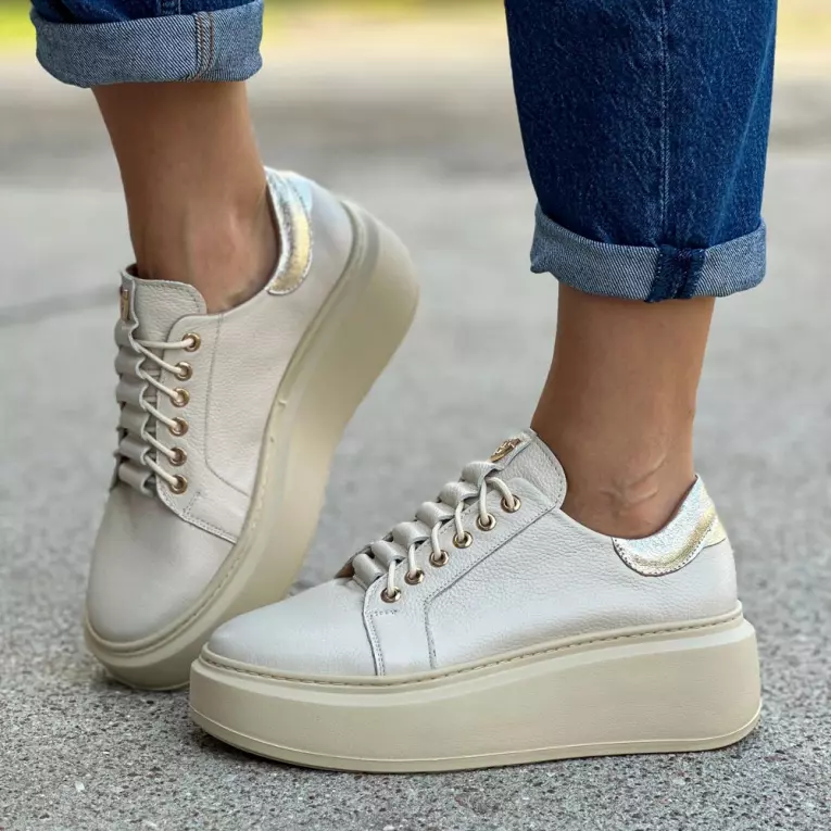 Beżowe skórzane POLSKIE sneakersy damskie na platformie DEONI D161